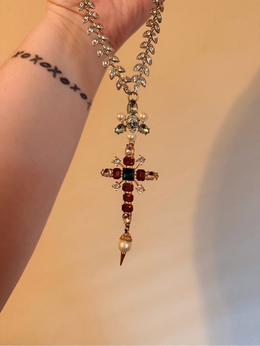 Betsey Johnson Mixed Metal Cross Pendant Necklace with Pearls and Stones - Picture 2 of 3
